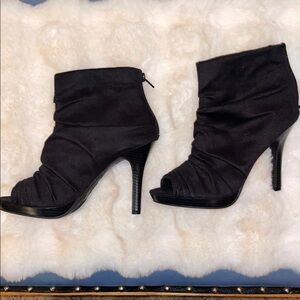 FIONI   8 Black Heeled faux Suede Booties with Stiletto Heel and Ruched Texture